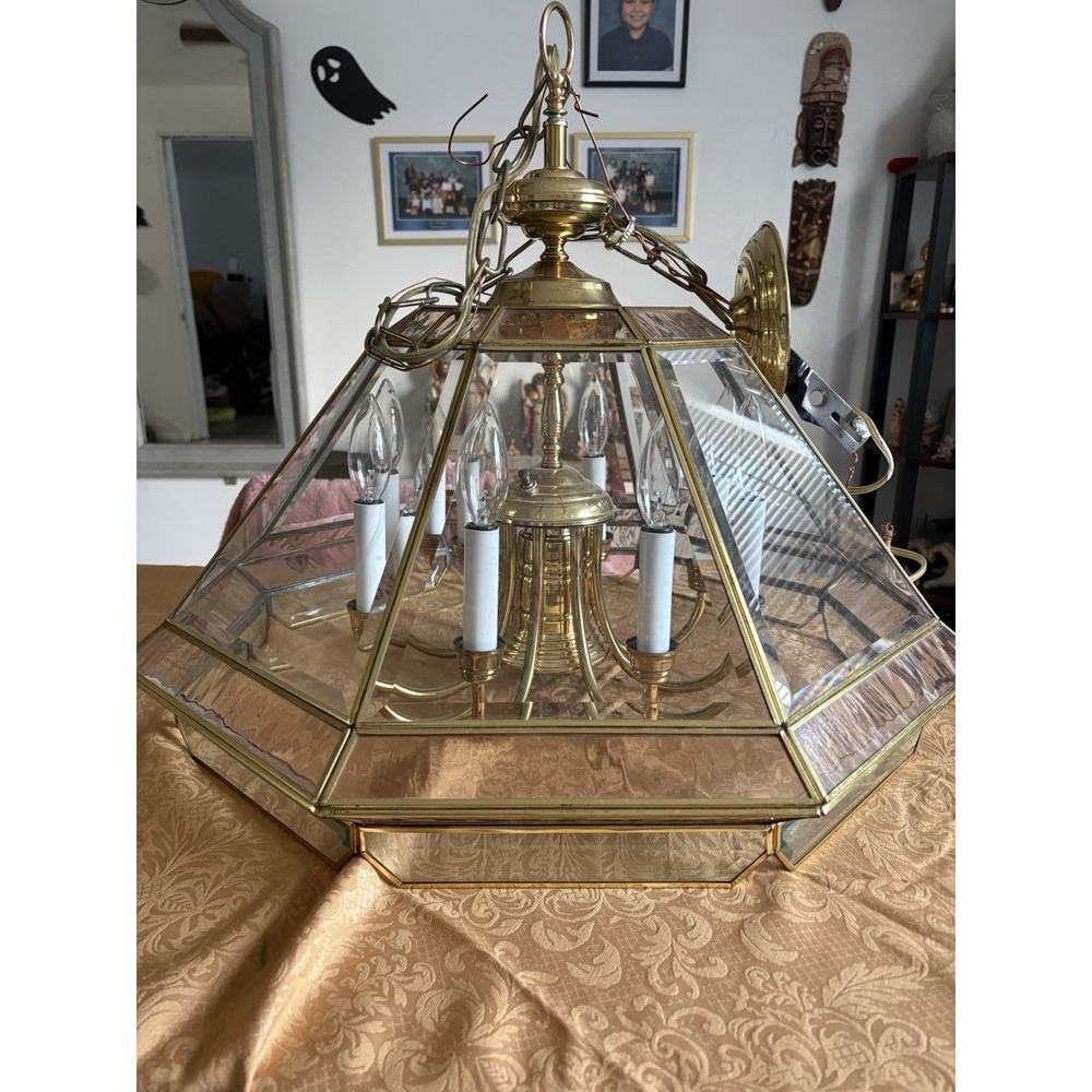 Vintage Hollywood Regency Brass Beveled Glass 9-Light Chandelier 24" Ceiling
